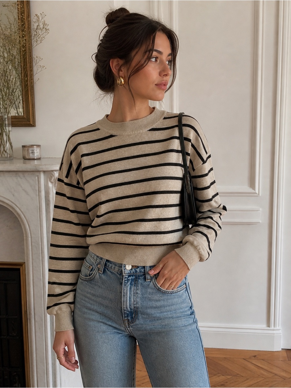 Mia & Rose Beige Black Striped Knit Sweater XS Minimalist Parisian Chic